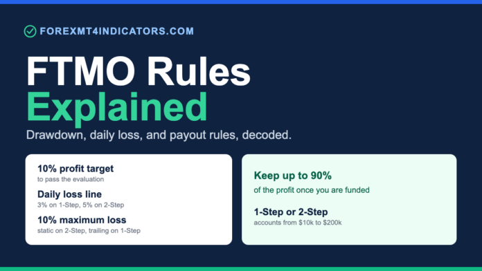 FTMO Rules Explained: Drawdown, Daily Loss, and Payout Rules FTMO rules explained: 10% profit target, daily loss line, 10% static or trailing maximum loss, and up to a 90% split