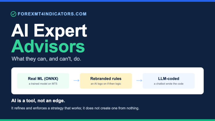 AI Expert Advisors for MT4/MT5: What They Can and Can't Do The three things an AI expert advisor can mean: a real machine-learning model via ONNX on MT5, a rule-based EA rebranded as AI, and an LLM used only to write the code.